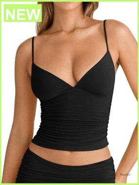 V Neck Ruched Cami Top Spaghetti Strap Fitted Crop Tank Top